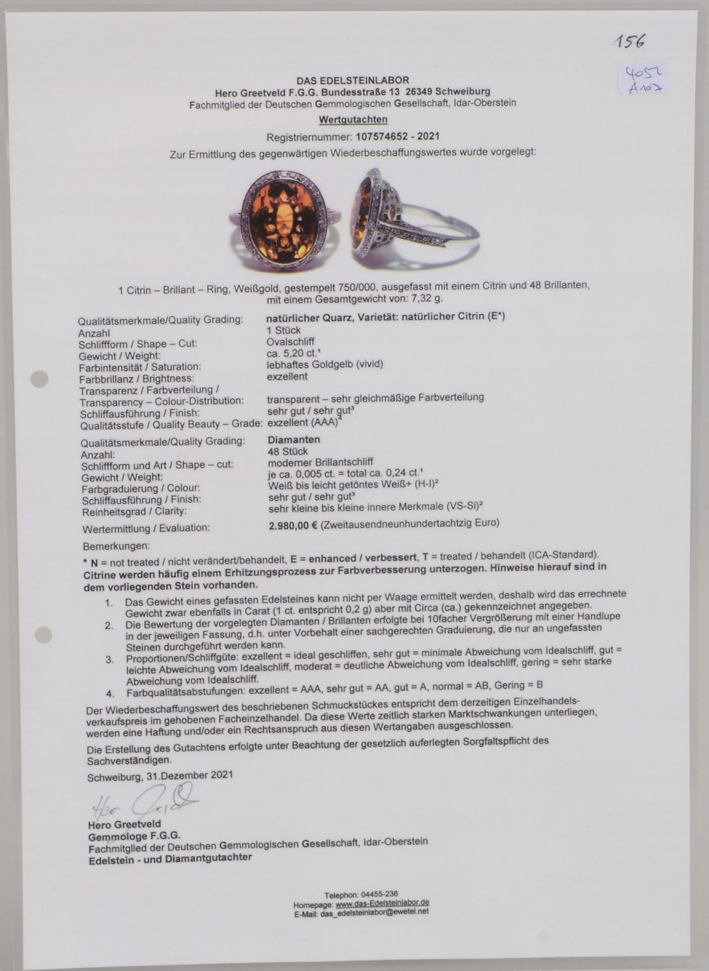 Ring, 750 WG (gest.), mit natürlichem Citrin/ca. 5,20 ct und Brillanten/ca. 0,24 ct - Bild 3 aus 3