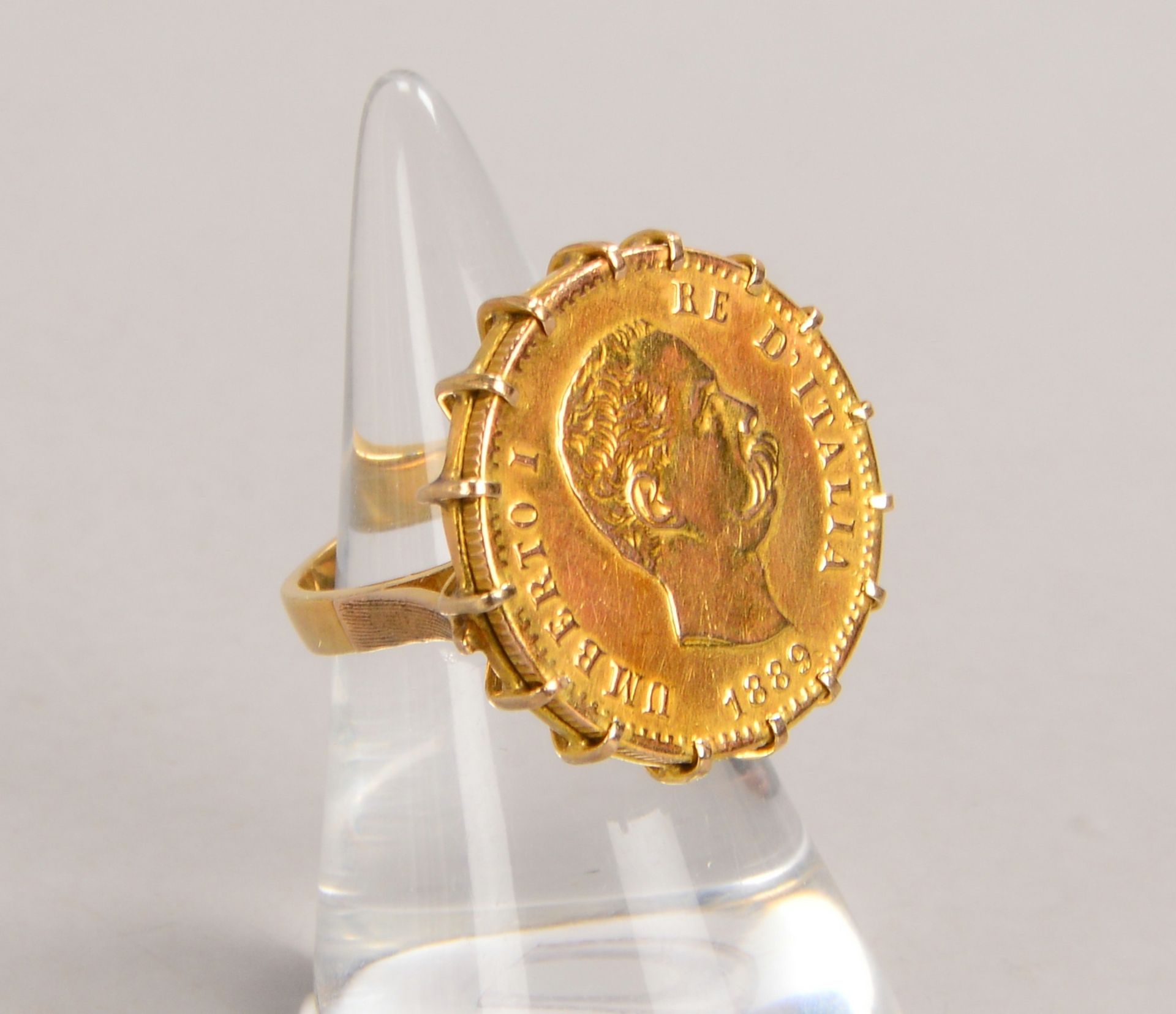 Ring, 585 GG (gest.), mit einzelner Goldmünze ('10 Lire, 1889'), 900 Gold