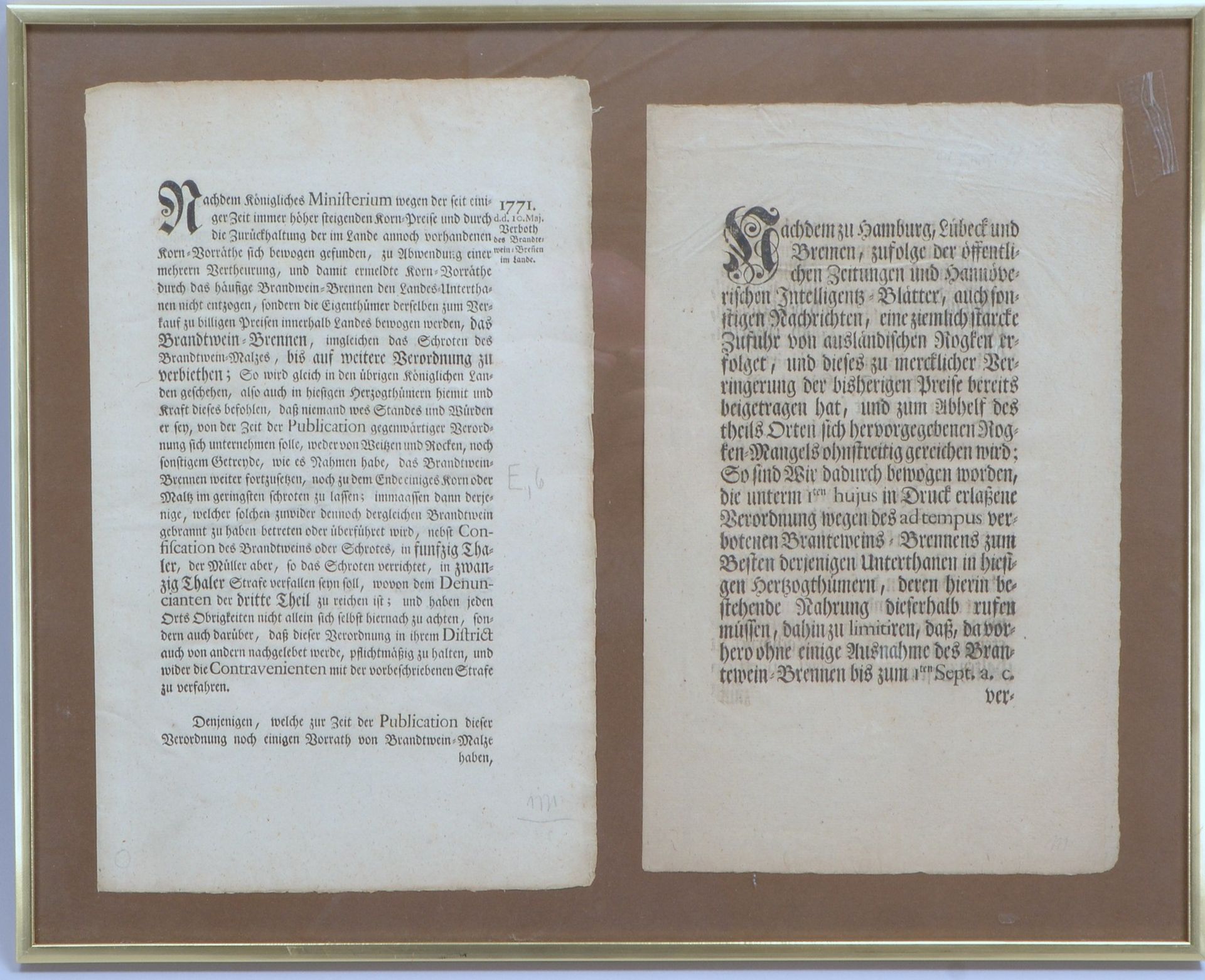 2 antike Sammler-Urkunden (1771), 'Verbot der Branntweinbrennerei', hinter Glas
