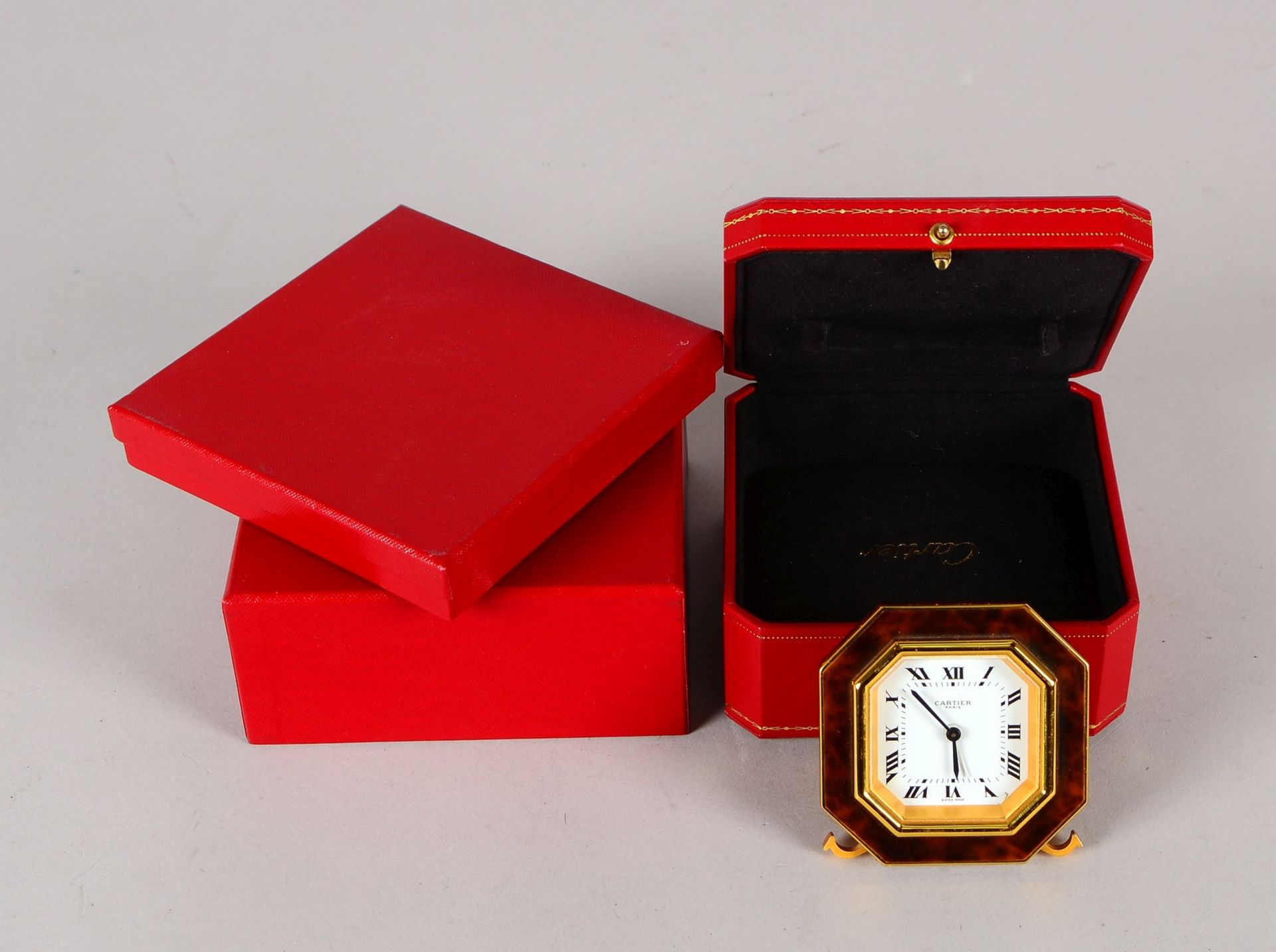 Cartier-Reisewecker/Tischuhr, Lauf- und Weckfunktion, in orig. Verkaufsbox