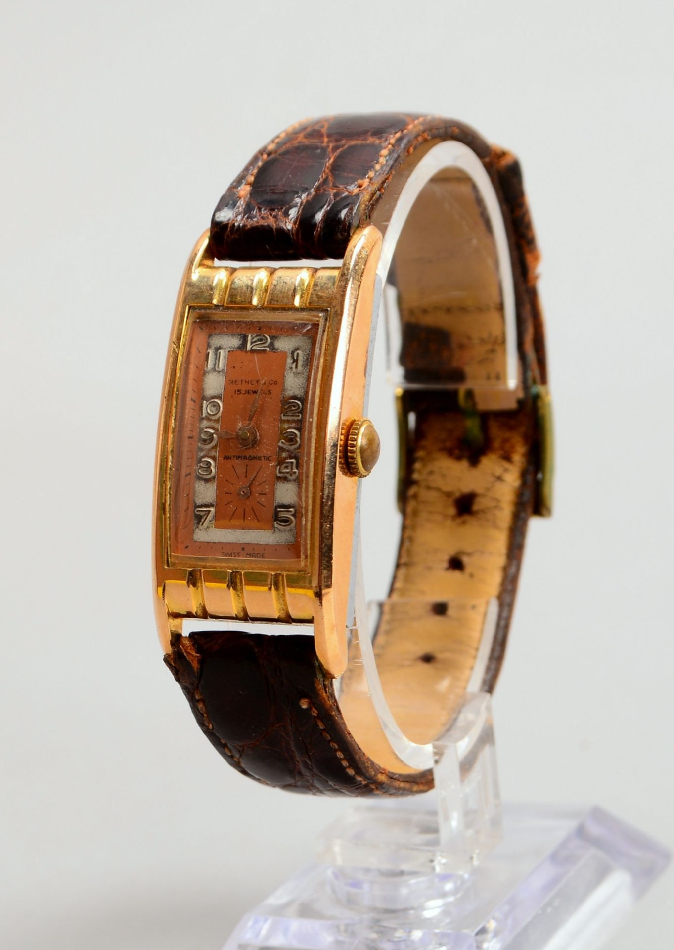 Unisex-Armbanduhr, Rethey &amp; Co., Metall-Geh&auml;use an Lederarmband, Handaufzug - Image 2 of 2