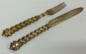 A fine Victorian silver gilt knife and fork christening set. Sheffield 1851. By Aaron Hadfield.