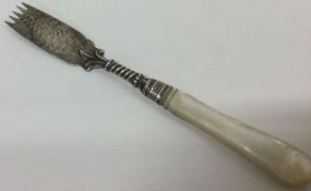 A rare Victorian silver and MOP fork with engraved decoration. Birmingham 1890.
