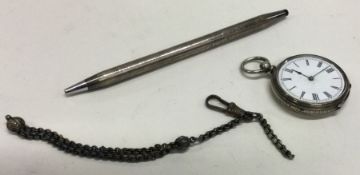 A silver fob watch together with a pencil. Approx. 66 grams. Est £20 - £30.