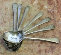 A heavy set of six silver rat tail spoons. Approx. 84 grams. Est. £20 - £30.