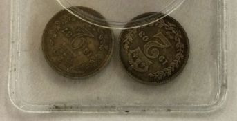 Two silver 2D coins. One Victoria 1887. One Edward VII. 1903.