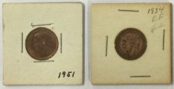 A George V Farthing 1934 together with a George VI Farthing 1951.