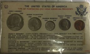 A type set portraying five Great American Presidents. Five coins.