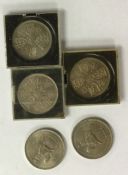 Five various Crowns; three with cases. 1953. (coins).