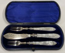 A fine three piece Victorian silver and mother of pearl cased sardine set.