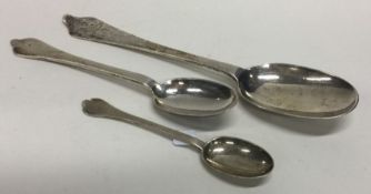 A group of three Georgian style silver rat tail spoons. London.