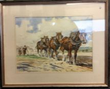 SIMON MOUNCEY: A framed and glazed watercolour depicting shire horses at work.