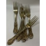 A fine and rare set of six silver gilt custom made dessert forks. London 1847.