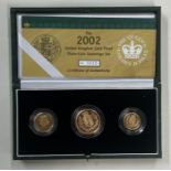 A 2002 United Kingdom gold Proof three-coin sovereign collection.