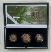 A 2003 United Kingdom gold Proof three-coin sovereign collection.