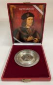 A limited edition cased silver armada dish embossed with an image of King Richard III.