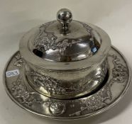 A fine Chinese silver and glass butter dish on stand. By Zeesung.