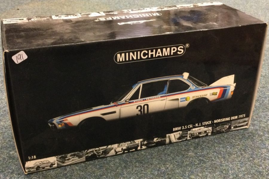 MINICHAMPS: A 1:18 scale boxed model race car of a BMW 3.5 CSL.