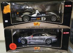 MAISTO: A 1:18 scale boxed model of an Audi R8R Le Mans together with a model of a Mercedes-Benz.