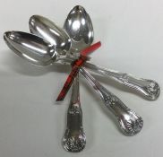A set of three heavy silver teaspoons. London. Approx. 100 grams. Est. £25 - £30.