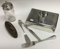 A silver box containing napkin rings, butter knives etc. Approx. 415 grams gross weight.