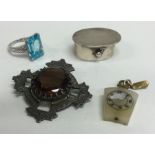 A stylish silver dress ring together with a pill box etc. Approx. 53 grams