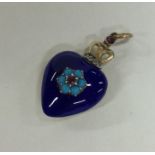 An attractive diamond and blue enamel heart shaped pendant with loop top.