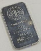 A fine 999 ARGOR HERAEUS Switzerland silver bar. Approx. 20 grams.
