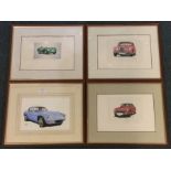 Four framed and glazed car prints.