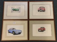 Four framed and glazed car prints.