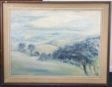 ROSEMARY CROUCH: A large framed oil on board entitled 'Across The Tillingham Valley'