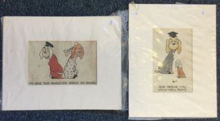 A pair of mounted cartoon sketches depicting dogs.