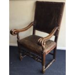 A good early scroll armed carver chair with turned