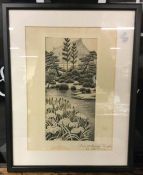 A framed and glazed Japanese signed print entitled "Iris at Rinnoji Temple".