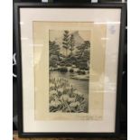 A framed and glazed Japanese signed print entitled "Iris at Rinnoji Temple".