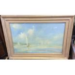 A framed and glazed oil painting of ships in Exmouth.