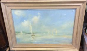 A framed and glazed oil painting of ships in Exmouth.