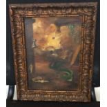 A carved wooden framed abstract oil on board depicting a dragon. Apparently unsigned.