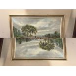 HAROLD BALL: A framed oil on canvas depicting a fisherman by a bridge. Signed.