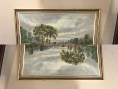 HAROLD BALL: A framed oil on canvas depicting a fisherman by a bridge. Signed.