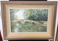 PAMELA DERRY (British, 1932 - 2002): A framed oil entitled 'Resting By The Bridge'