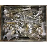 A large collection of silver plated cutlery. Est.