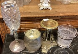 A silver plated and glass biscuit barrel etc.