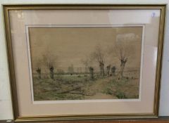 A gilt frame and glazed watercolour depicting a moorland scene. Apparently unsigned.