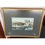 A gilt framed and glazed oil on board depicting a Maltese building with boats.