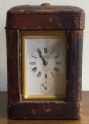 A good French carriage clock with white enamel dial. By Le Roy.