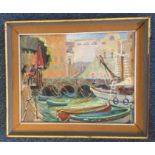 A framed oil on canvas depicting boats by a bridge. Apparently unsigned.