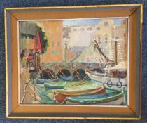 A framed oil on canvas depicting boats by a bridge. Apparently unsigned.