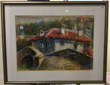 G HRISTOV (Bulgarian): A gilt framed and glazed mixed media picture on paper depicting building