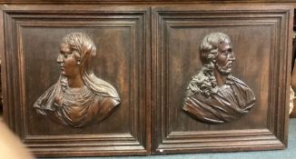 A good pair of square carved oak panels of figures in moulded frames.